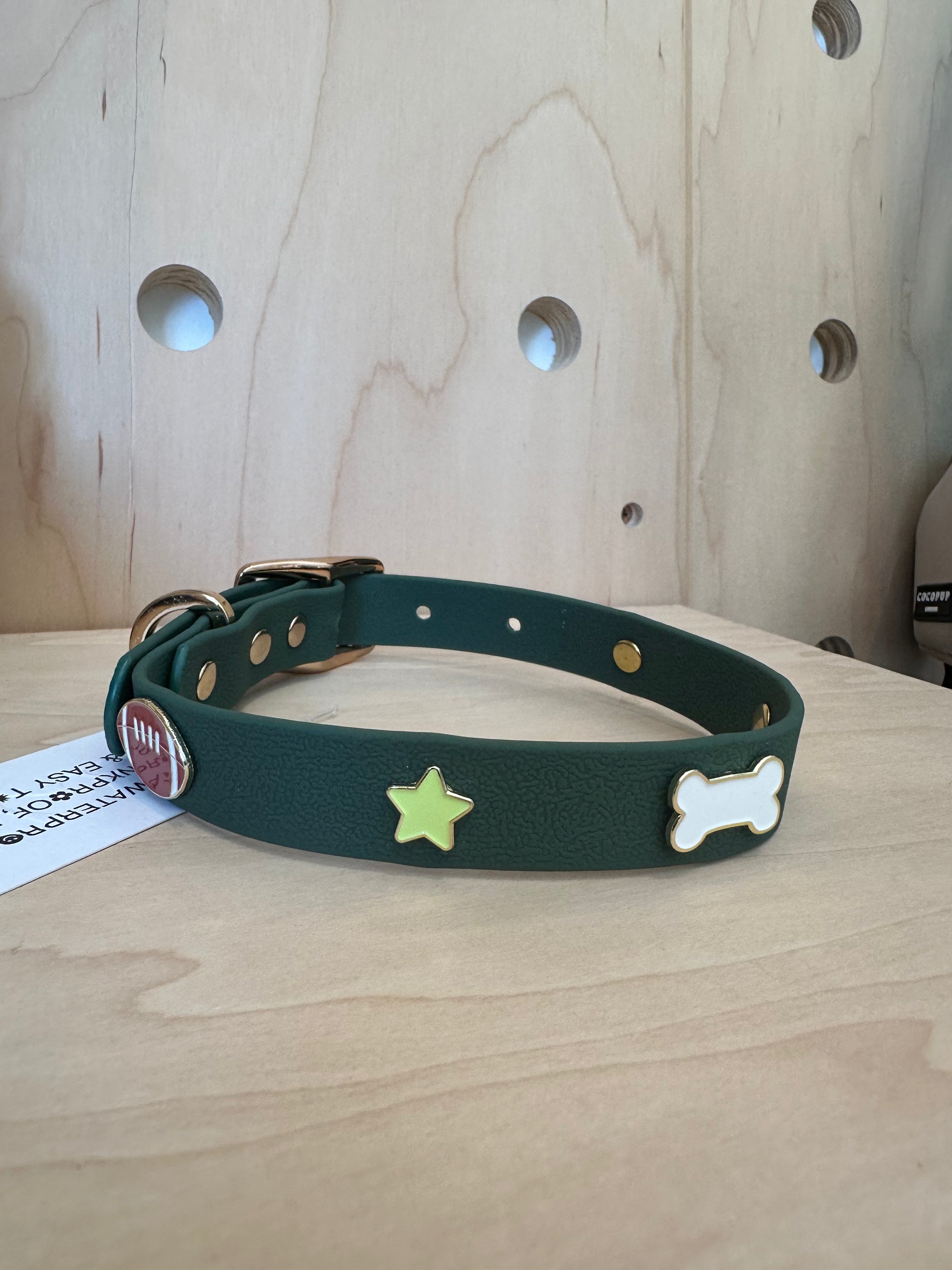 Furei Pets - Football, Bone &amp; Star Custom Collar - Forest Green